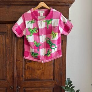 Vintage Susan Bristol Frog Appliqué Knit Cardigan Pink Gingham Whimsical 2000